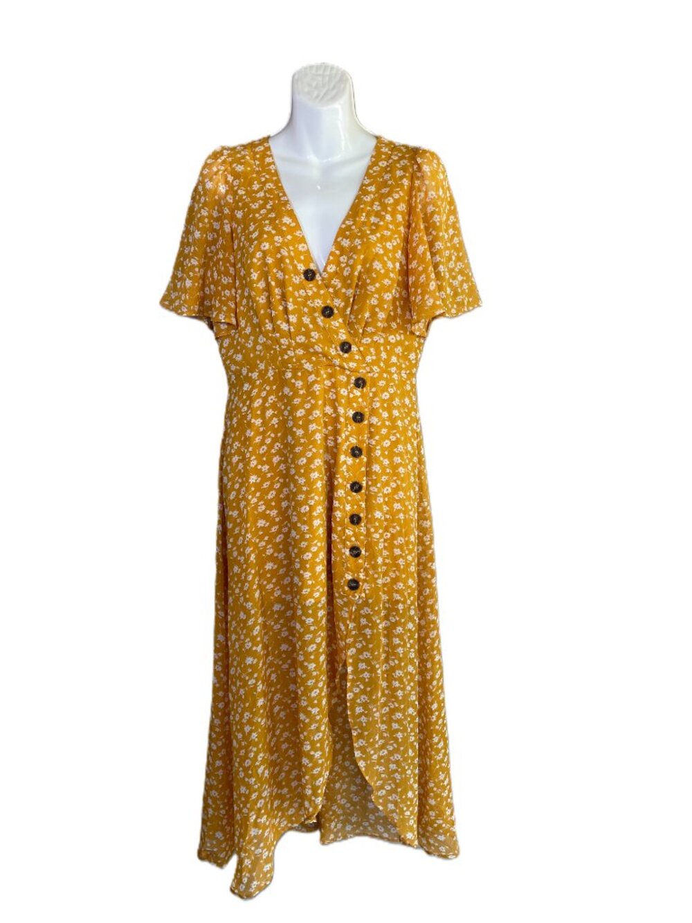 Lulus After-Bloom Delight Golden Yellow Floral Print Midi Dress Size M